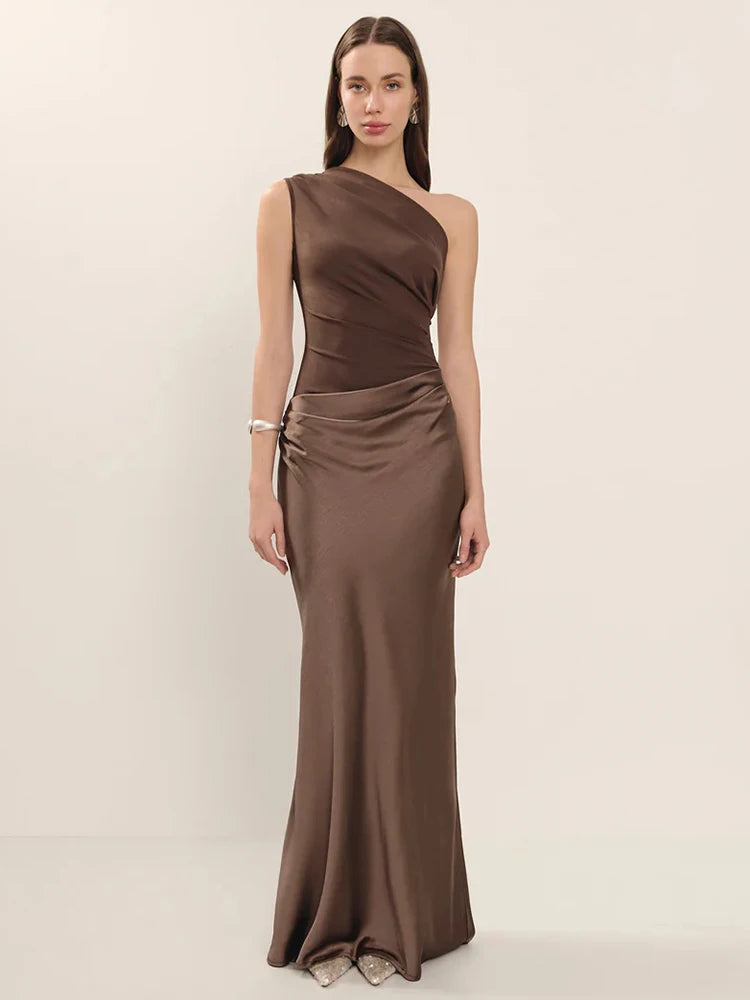 Satin Inclined Shoulder Sexy Maxi Dress